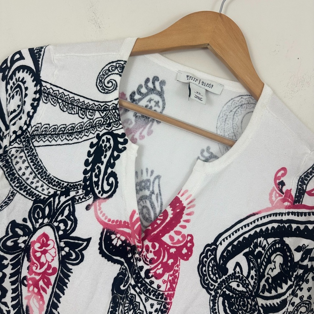 White House Black Market Cardigan Sweater White Black Paisley Preppy Womens XS